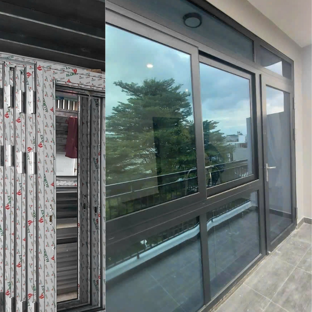 hình ảnh thực tế cửa nhôm alukey màu xám anh tuyến