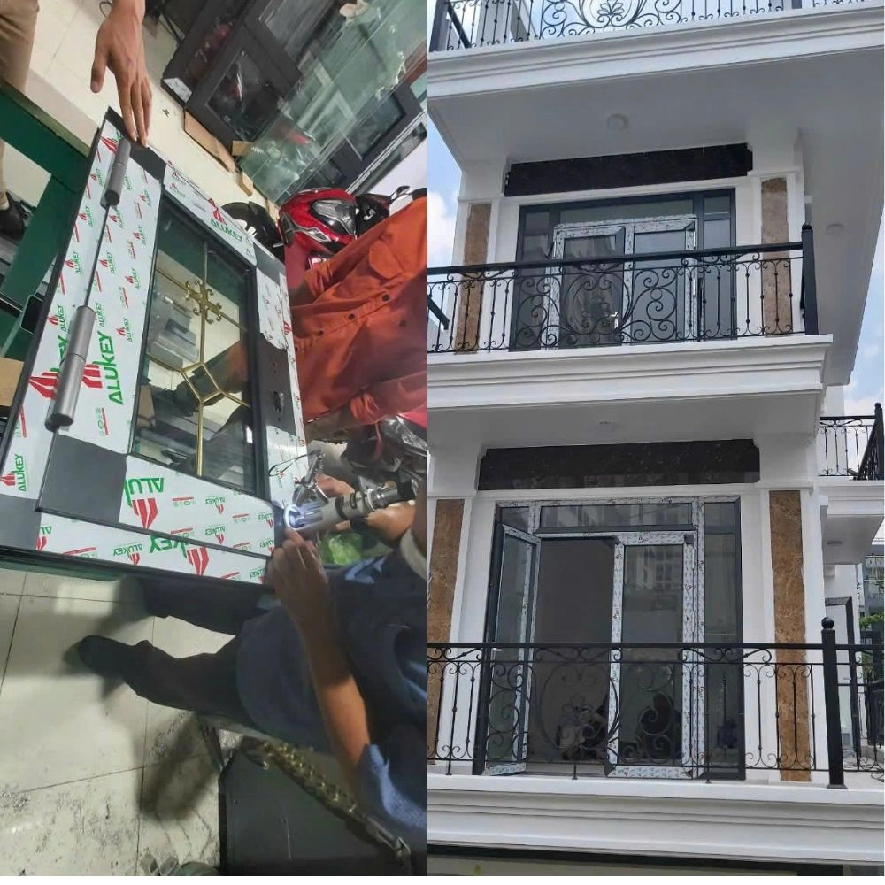 Cửa đi 2 cánh mở quay nhôm Alukey cao cấp hệ 65
